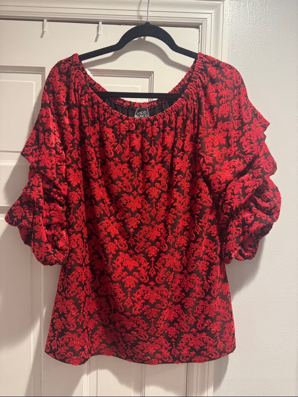 Coco Bianco Red and Black Ruffled Puff Sleeve Blouse